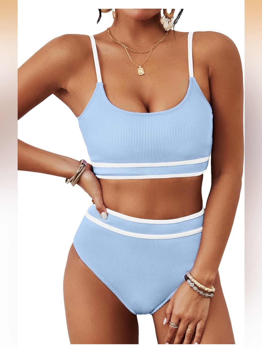 High Waisted Bikini Ribbed Two Piece High Cut Adjustable Straps M. 1975/3-2